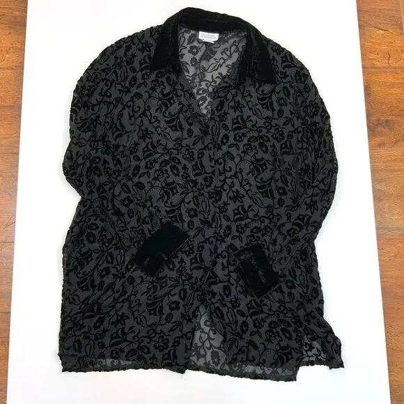 Vintage Y2K Black Sheere Burnout Velvet Blouse from Deane & White Sz M - Picture 15 of 16